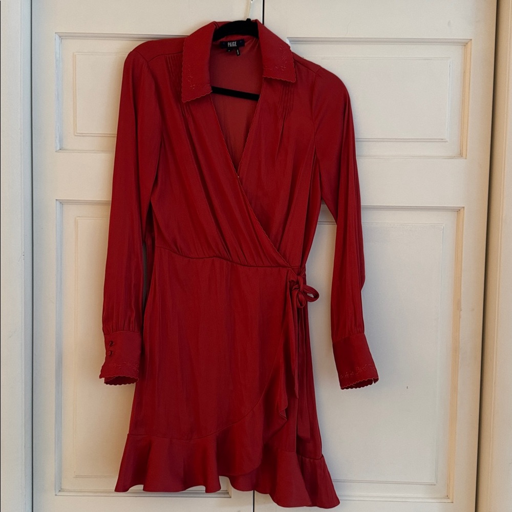PAIGE Parisa Red Satin Ruffled Scalloped Cross-Front Wrap Dress Size Small - Picture 6 of 10
